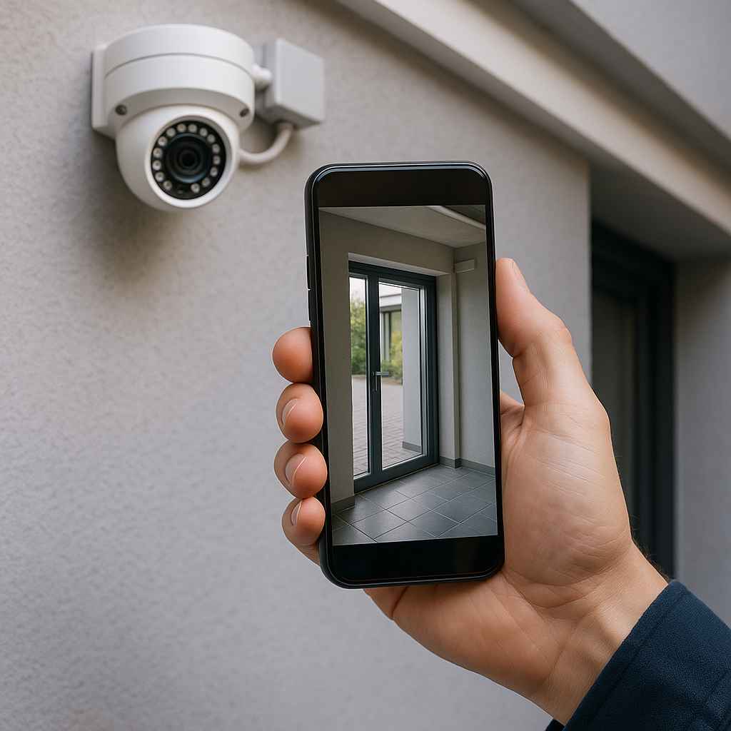 Pessoa usando celular para visualizar imagem em tempo real de câmera de segurança instalada na parede.