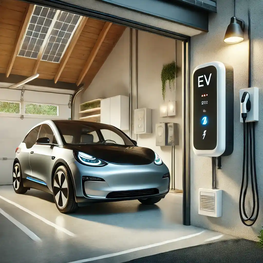 Carregador elétrico instalado em casa, pronto para uso em veículos elétricos.