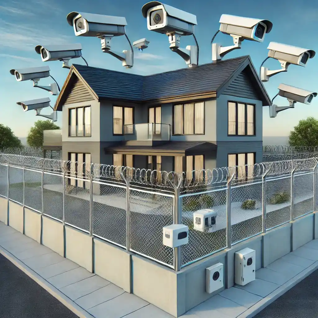 Casa moderna com cerca elétrica sobre o muro e câmeras de segurança instaladas, representando sistema de proteção residencial eficaz.