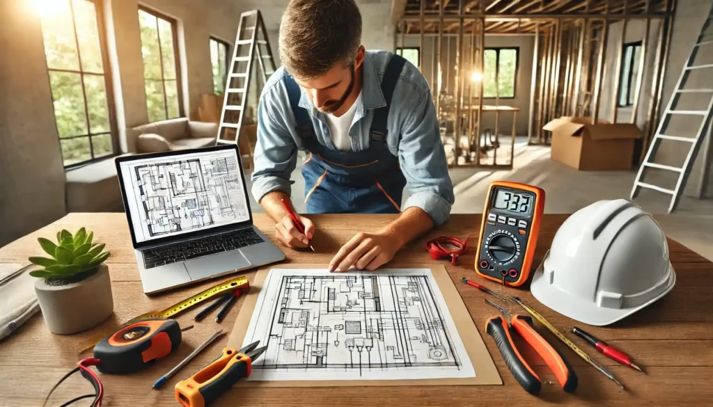 Engenheiro eletricista projetando instalação elétrica com ferramentas e notebook sobre a mesa