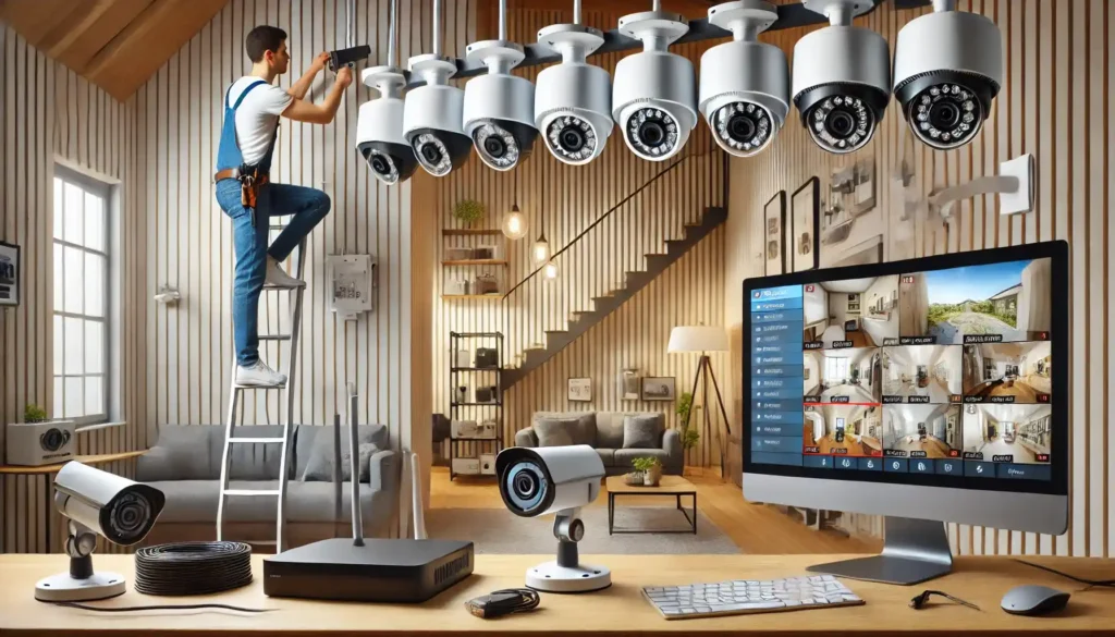 Técnico instalando sistema de câmeras de segurança com monitoramento em tempo real