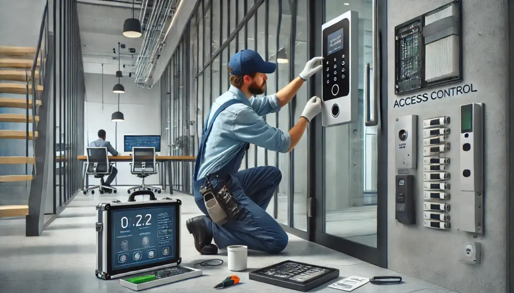 Técnico instalando sistema de controle de acesso com leitor biométrico em entrada de prédio comercial