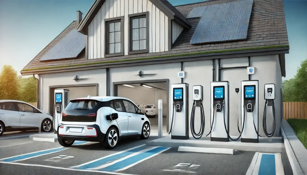 Carregadores veiculares residencial e comercial conectados a carros elétricos em garagem e estacionamento