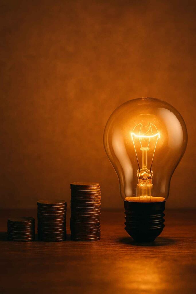 Lâmpada incandescente acesa ao lado de pilhas de moedas, representando economia de energia elétrica.