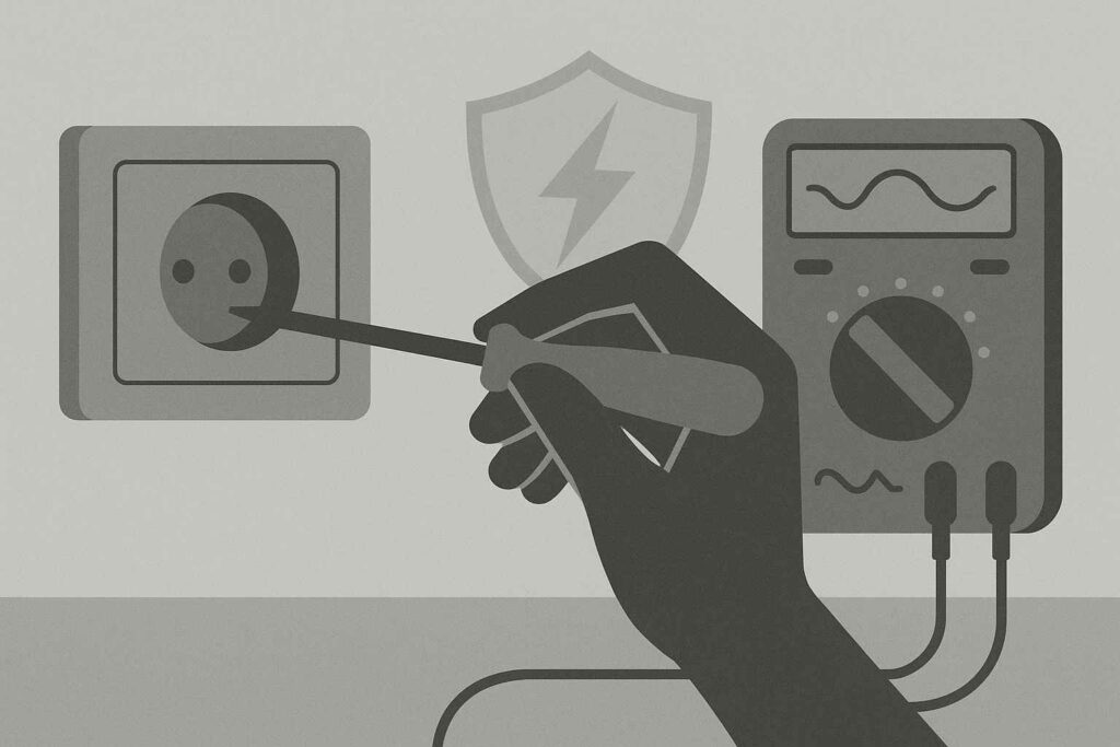 Ilustração em tons de cinza mostrando uma mão com chave de fenda ajustando uma tomada, ao lado de um multímetro e um símbolo de proteção elétrica.