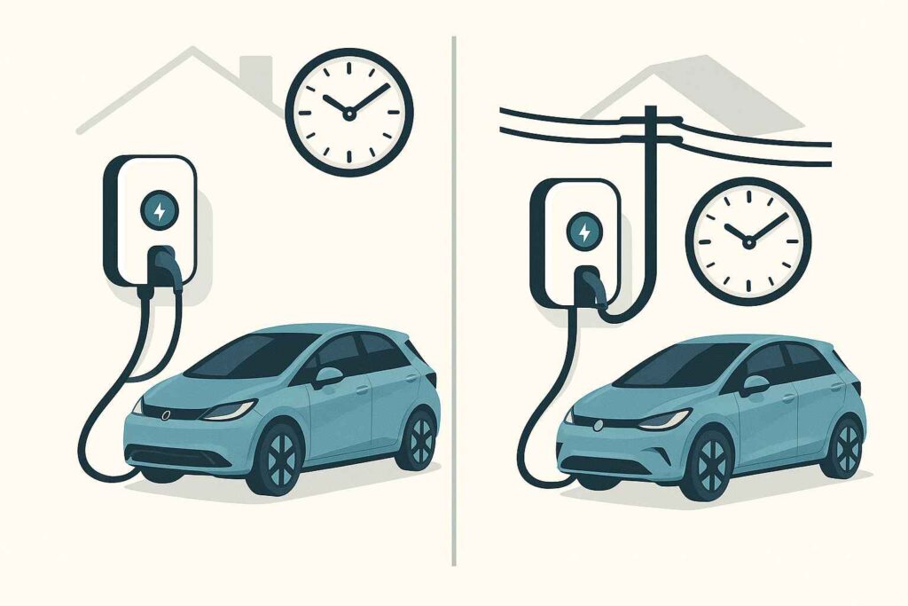 Ilustração mostrando dois carros elétricos sendo carregados – um por carregador monofásico e outro por carregador trifásico, com relógios indicando diferença de tempo.