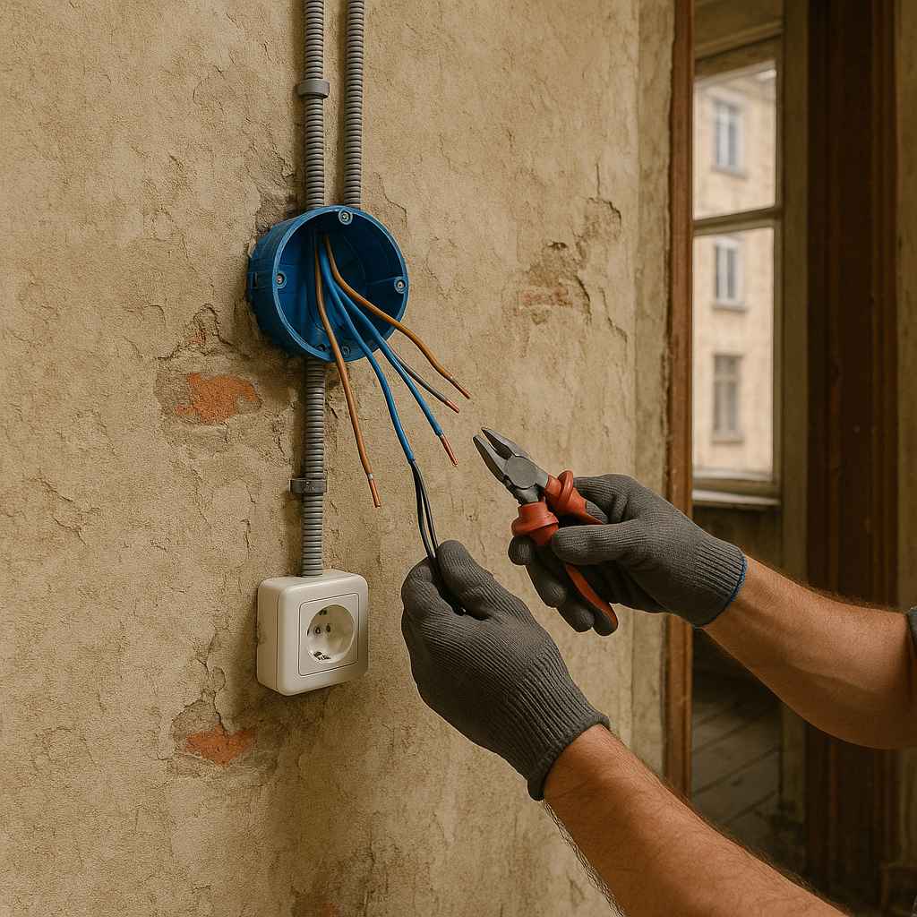Eletricista usando alicate para trabalhar em fios expostos em uma parede antiga com caixa de passagem azul e conduítes.