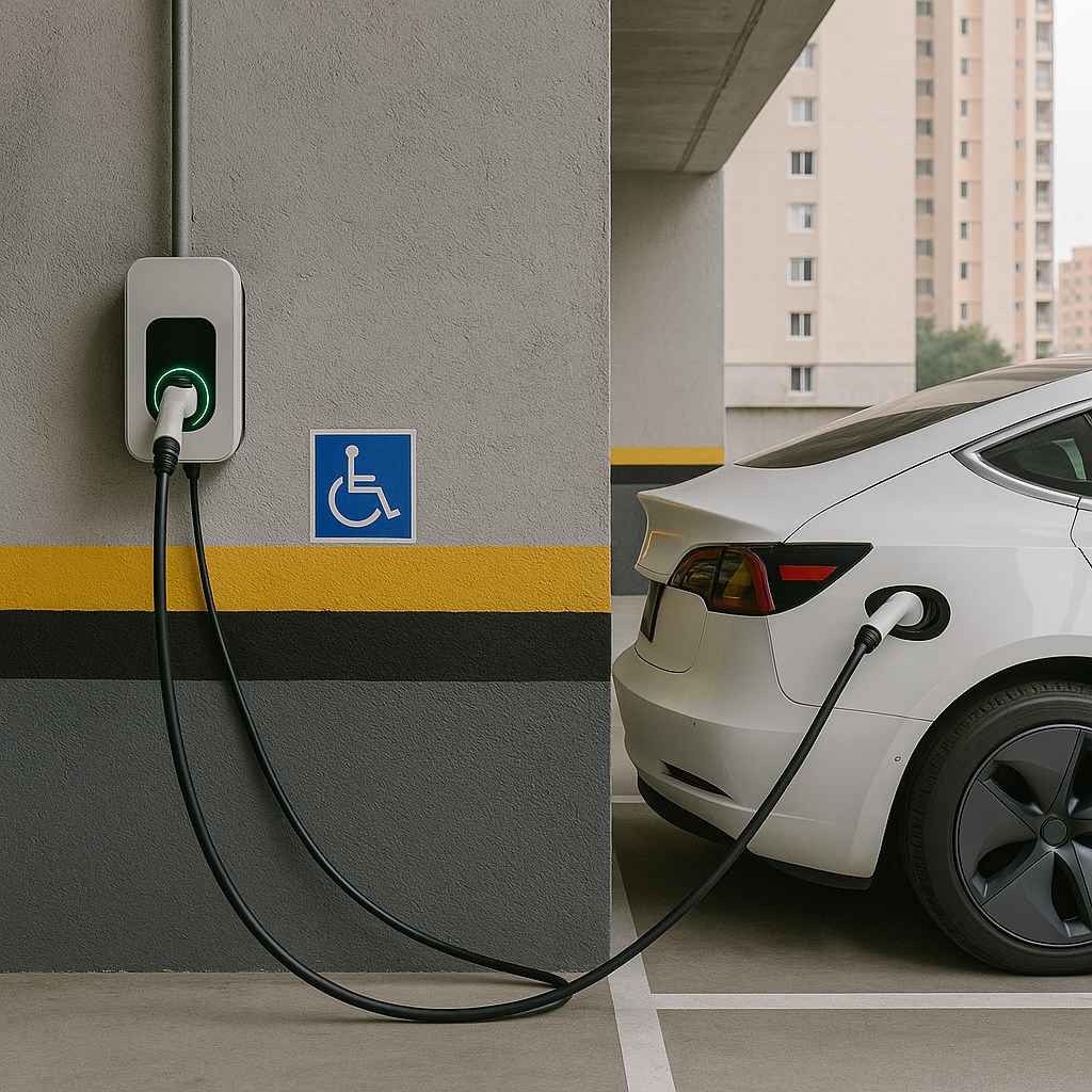 Carregador veicular para carro elétrico instalado em parede de garagem de condomínio, com cabo conectado ao veículo.