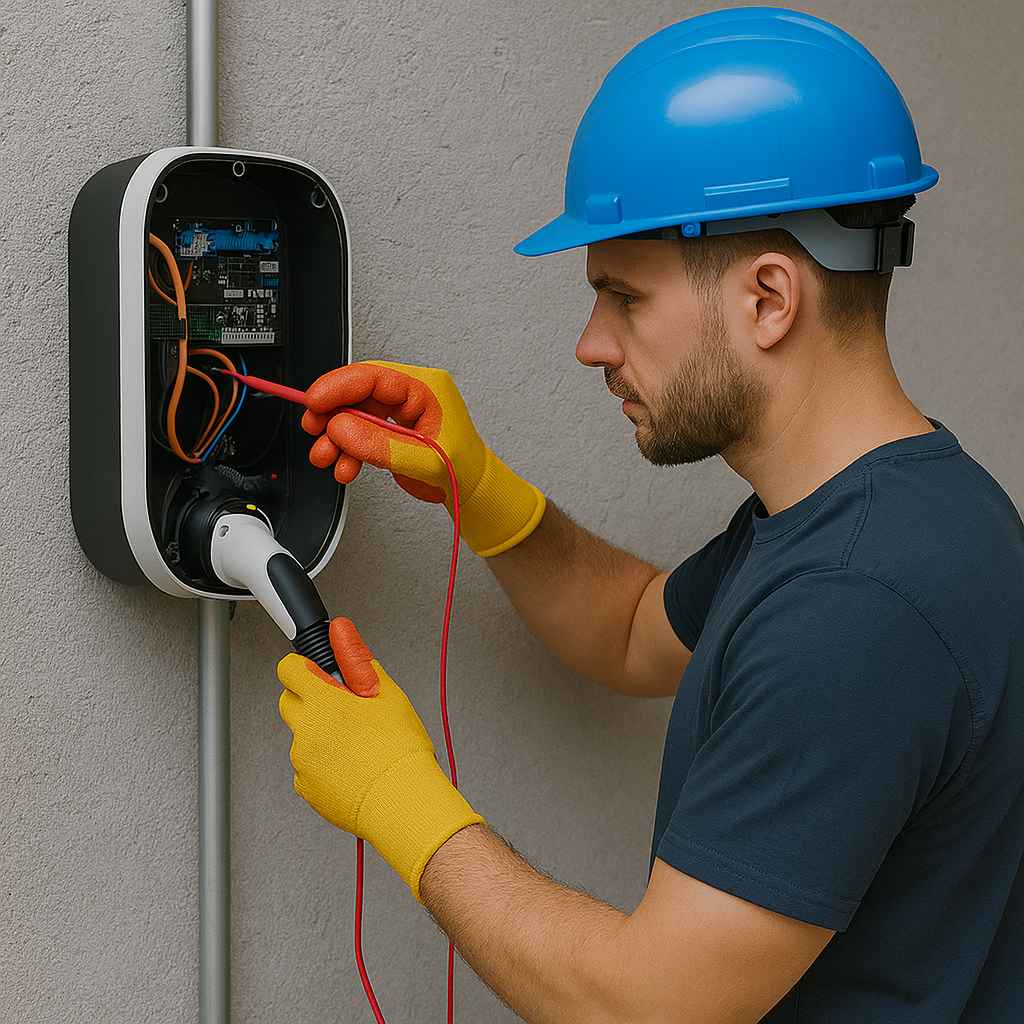 Eletricista com luvas realizando manutenção em carregador veicular de parede com ferramentas específicas.