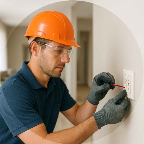 Eletricista com capacete e luvas instalando uma tomada elétrica em casa moderna, com fundo de sala bem iluminada.