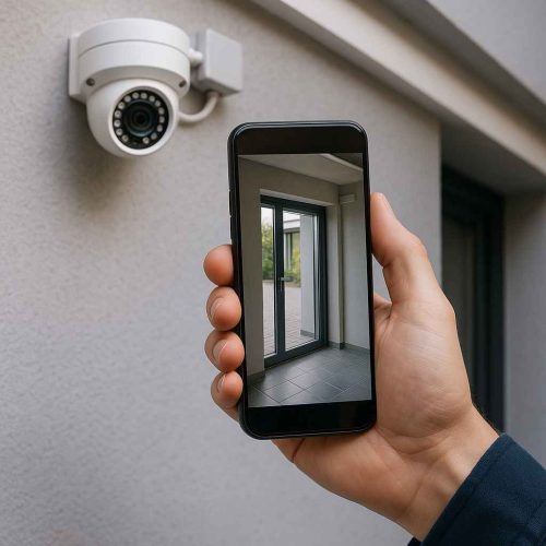 Pessoa usando celular para visualizar imagem em tempo real de câmera de segurança instalada na parede.