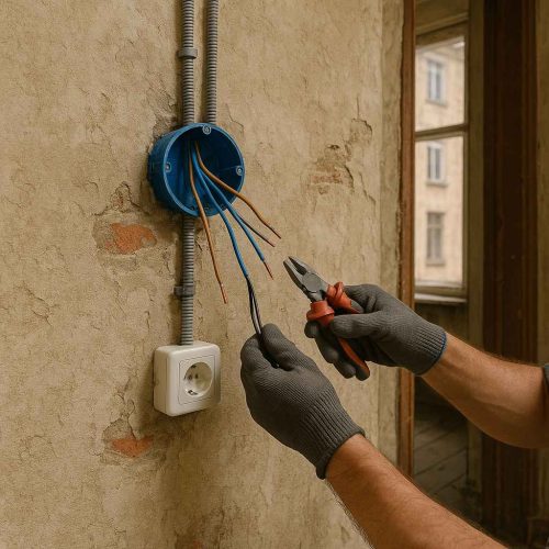 Eletricista usando alicate para trabalhar em fios expostos em uma parede antiga com caixa de passagem azul e conduítes.