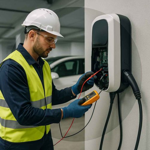 Técnico com EPI usando multímetro para testar estação de carregamento de carro elétrico em garagem moderna.