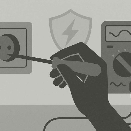 Ilustração em tons de cinza mostrando uma mão com chave de fenda ajustando uma tomada, ao lado de um multímetro e um símbolo de proteção elétrica.