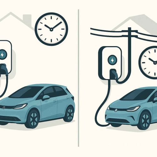 Ilustração mostrando dois carros elétricos sendo carregados – um por carregador monofásico e outro por carregador trifásico, com relógios indicando diferença de tempo.