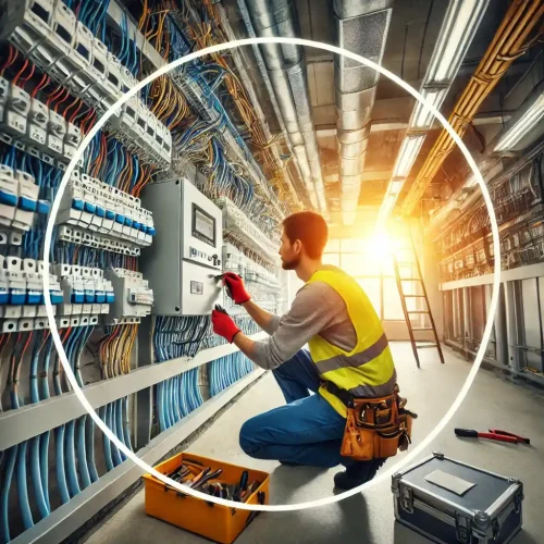 Eletricista trabalhando em instalação elétrica predial com dutos e painéis em ambiente técnico.