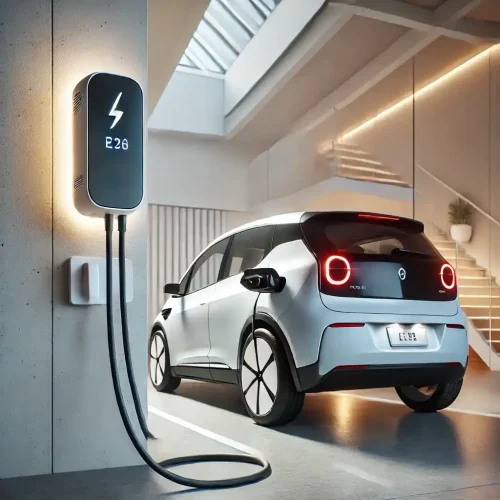 Carregador instalado em uma garagem residencial abastecendo um carro elétrico, ambiente moderno e bem iluminado.