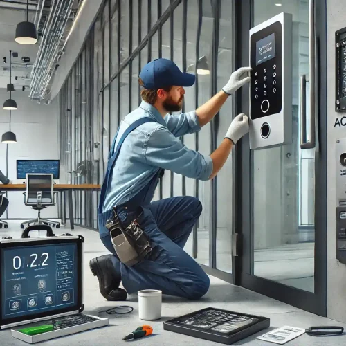 Técnico instalando sistema de controle de acesso com leitor biométrico em entrada de prédio comercial