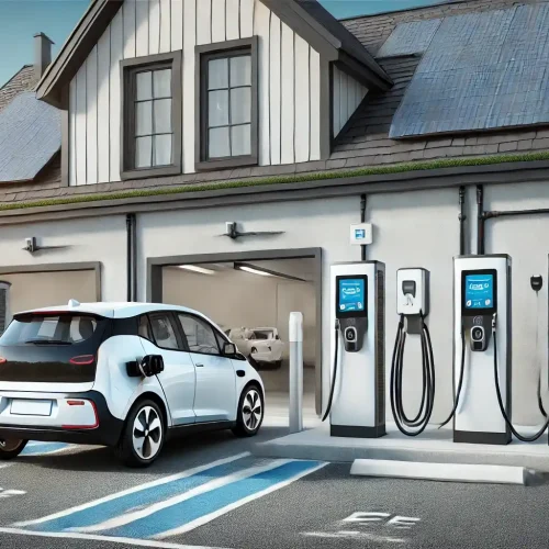 Carregadores veiculares residencial e comercial conectados a carros elétricos em garagem e estacionamento