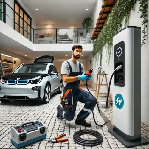 Eletricista certificado realiza a instalação de carregador para veículo elétrico em residência na cidade de São Paulo.