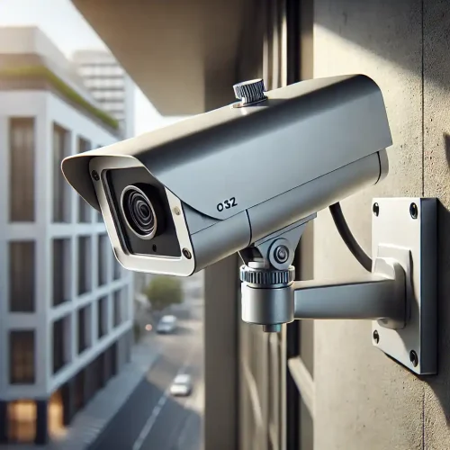 Close-up de uma câmera de segurança bullet instalada em parede de concreto com caixa de passagem, voltada para monitoramento externo.